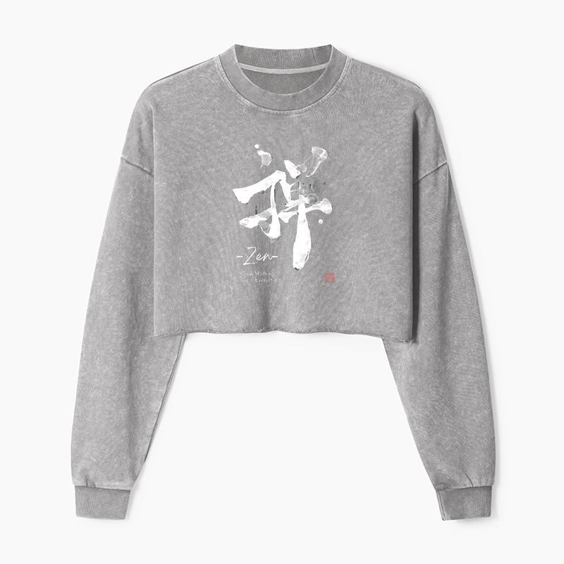 Tokyo-Tiger Zen Texts Washed Crop Sweatshirt