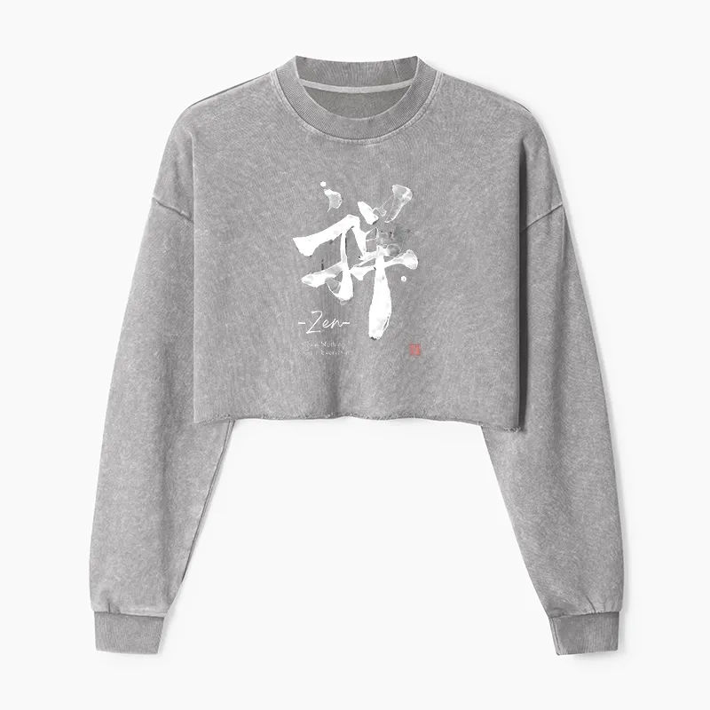 Tokyo-Tiger Zen Texts Washed Crop Sweatshirt