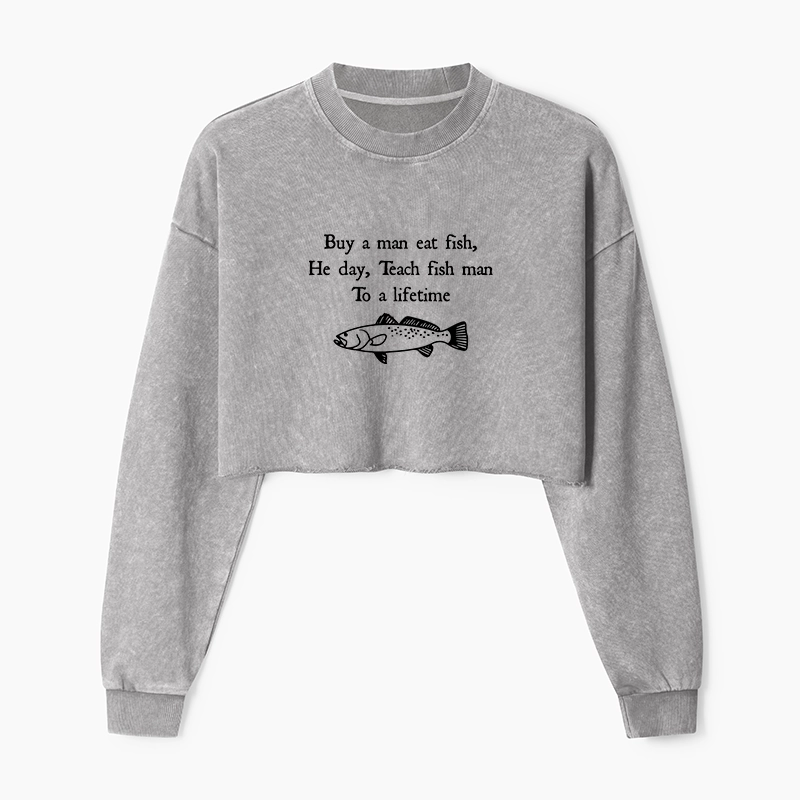 Tokyo-Tiger Man Eat Fish Meme Washed Crop Sweatshirt