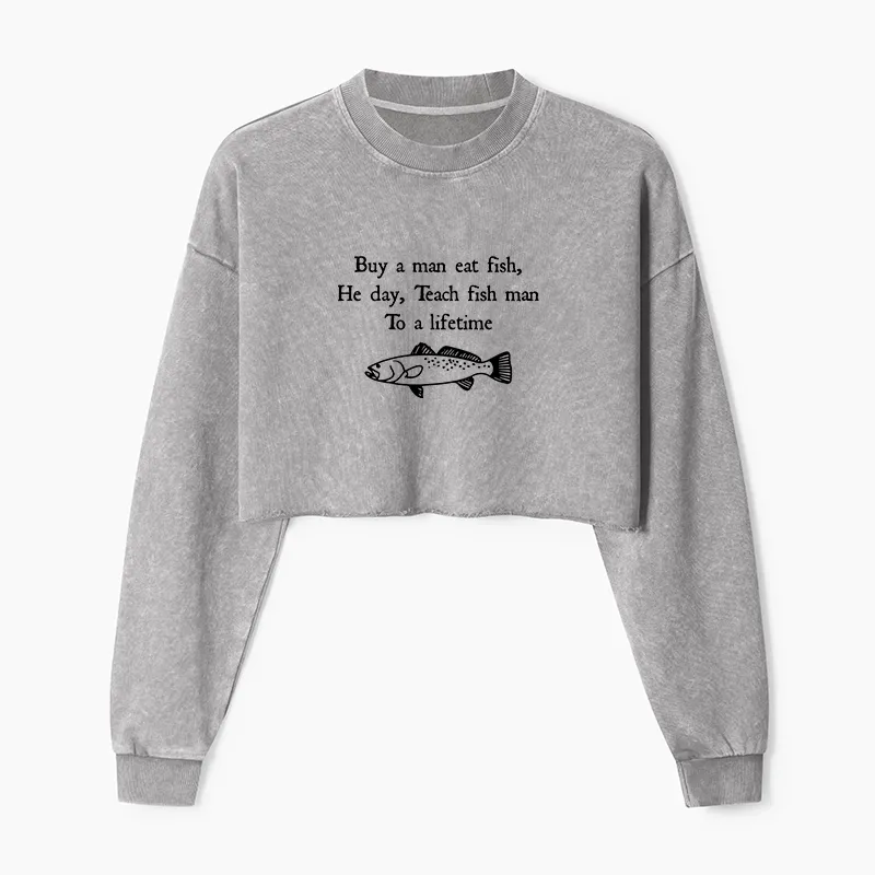 Tokyo-Tiger Man Eat Fish Meme Washed Crop Sweatshirt