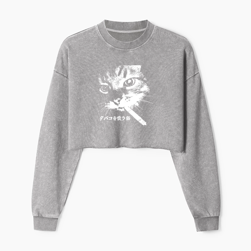 Tokyo-Tiger Retro Cat Smoking Washed Crop Sweatshirt