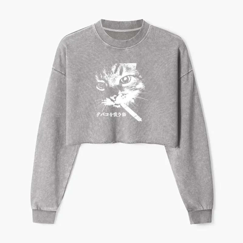 Tokyo-Tiger Retro Cat Smoking Washed Crop Sweatshirt