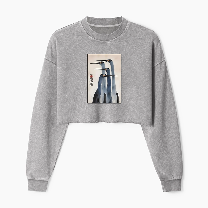 Tokyo-Tiger Retro Sandhill Crane Washed Crop Sweatshirt