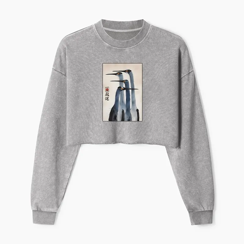 Tokyo-Tiger Retro Sandhill Crane Washed Crop Sweatshirt
