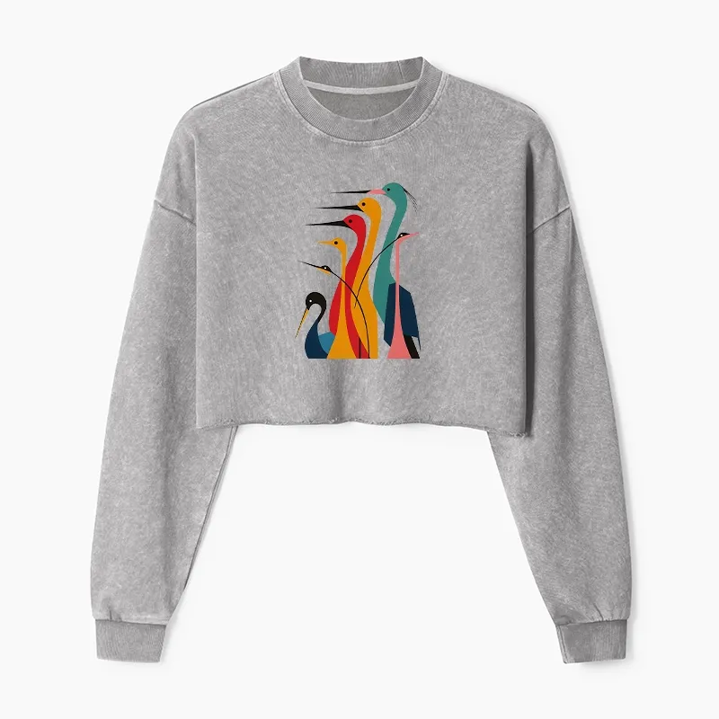 Tokyo-Tiger Various Types Of Cranes Washed Crop Sweatshirt Sale