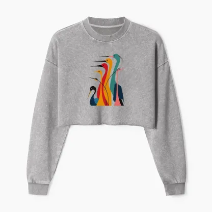 Tokyo-Tiger Various Types Of Cranes Washed Crop Sweatshirt