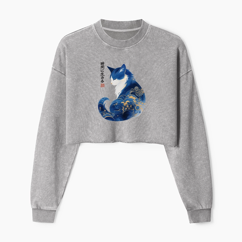 Tokyo-Tiger Retro Zen Cat: Living the Present Washed Crop Sweatshirt
