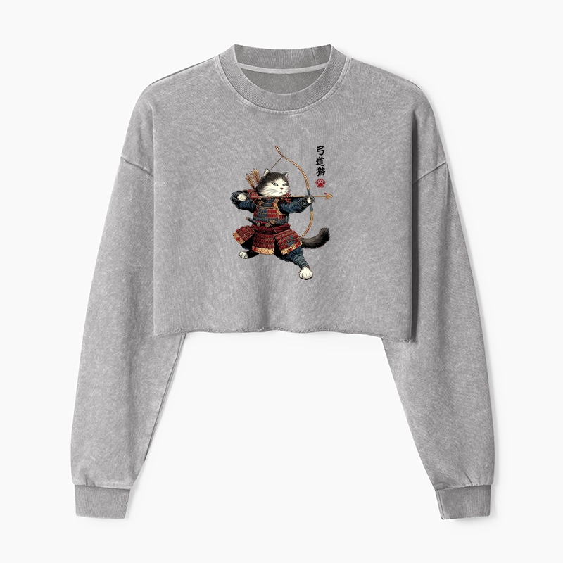Tokyo-Tiger Kyudo Samurai Cat Washed Crop Sweatshirt