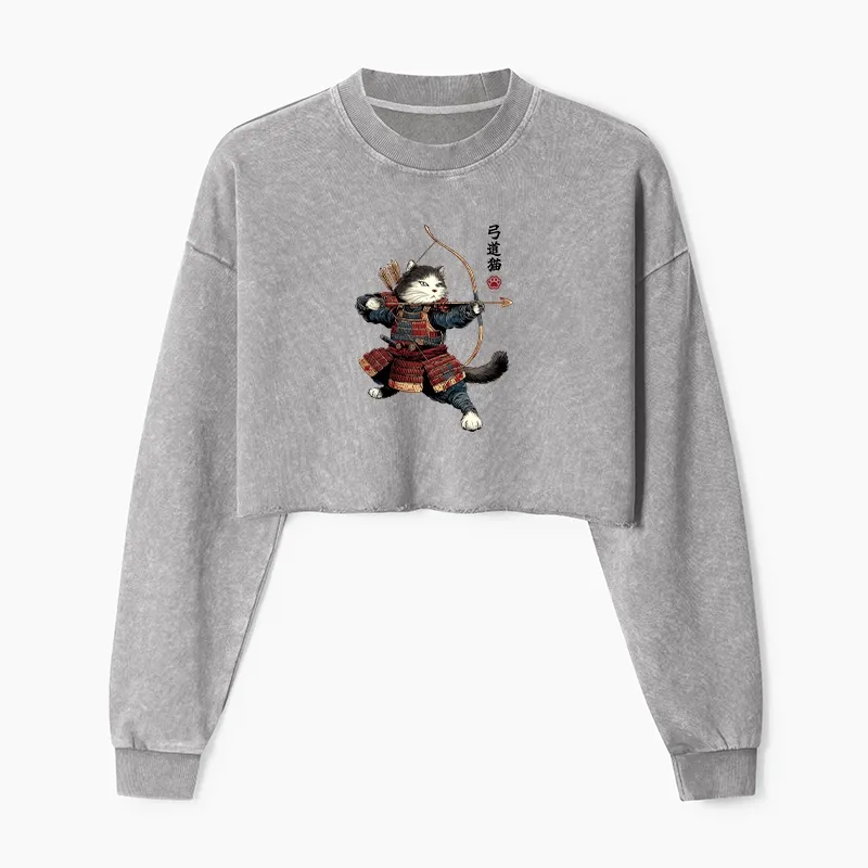 Tokyo-Tiger Kyudo Samurai Cat Washed Crop Sweatshirt Sale
