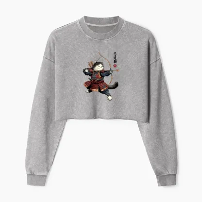 Tokyo-Tiger Kyudo Samurai Cat Washed Crop Sweatshirt