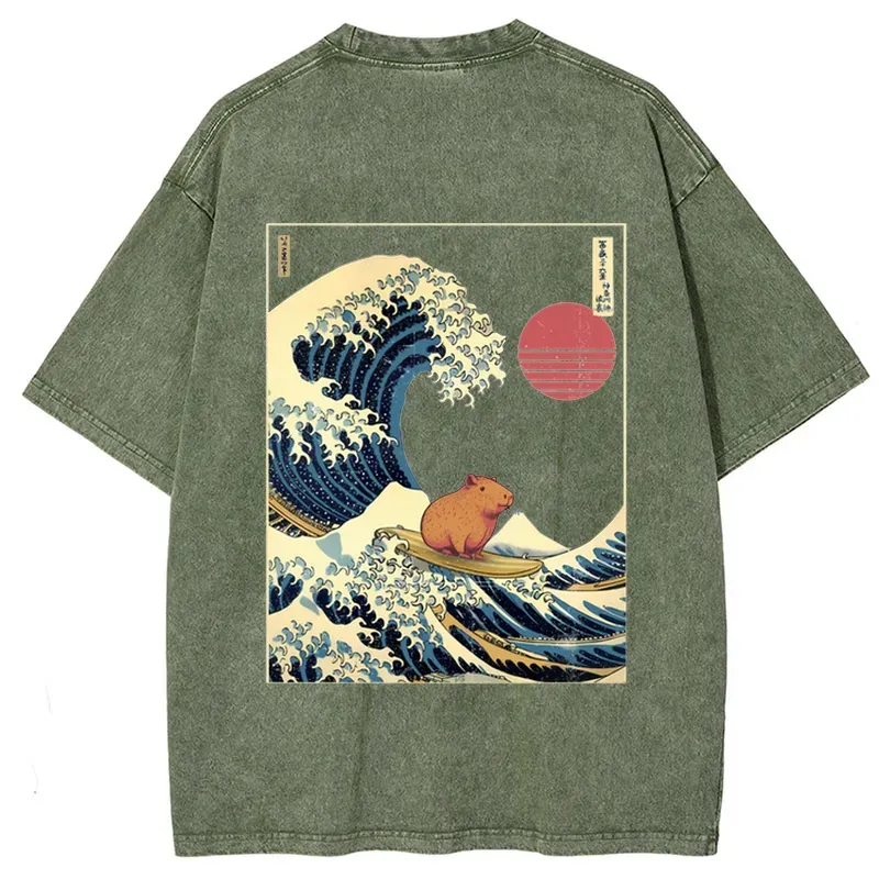 Tokyo-Tiger Capybara Surfing Back Washed T-Shirt