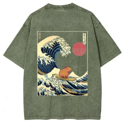 Tokyo-Tiger Capybara Surfing Back Washed T-Shirt