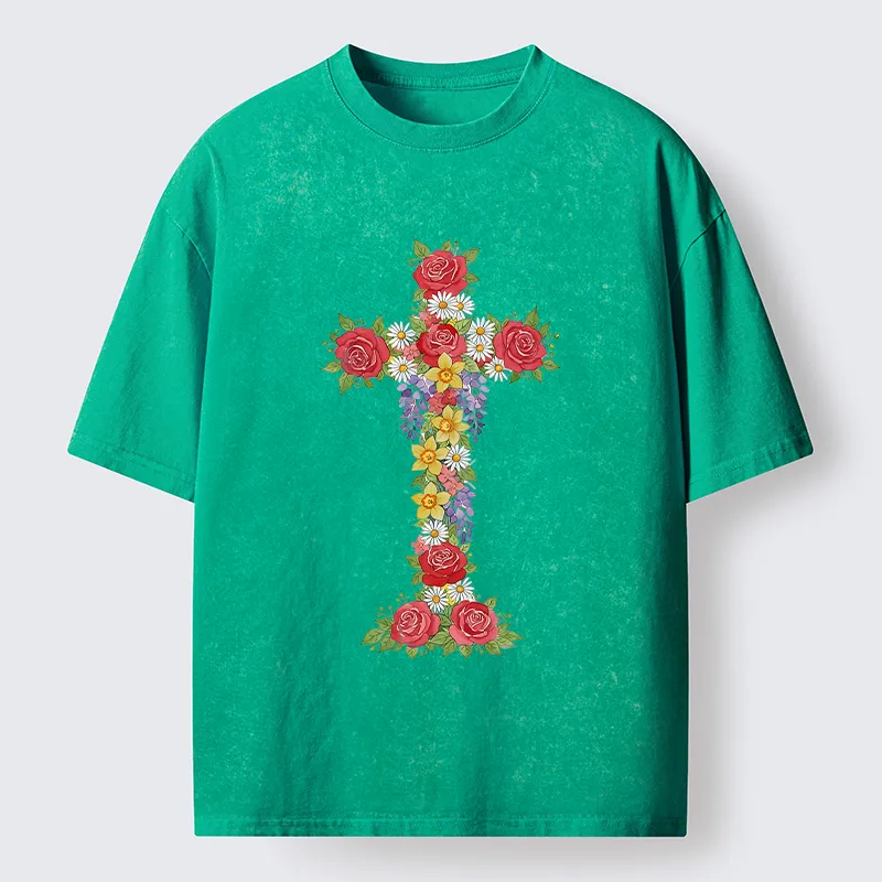 Tokyo-Tiger Flower Cross Washed T-Shirt