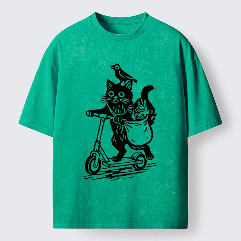 Tokyo-Tiger Cat Skateboarding Washed T-Shirt