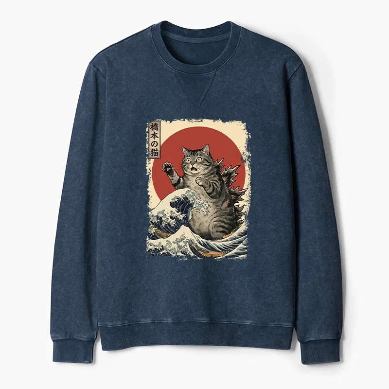 Tokyo-Tiger Catzilla Is Causing Destruction Washed Terry Sweatshirt