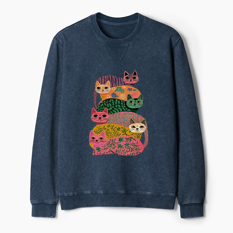 Tokyo-Tiger Colorful Cats Washed Terry Sweatshirt