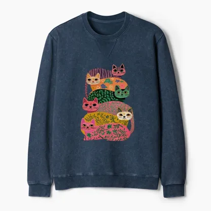 Tokyo-Tiger Colorful Cats Washed Terry Sweatshirt