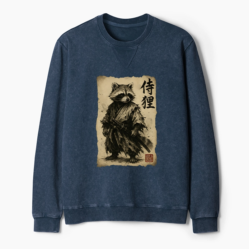 Tokyo-Tiger Retro Raccoon Samurai Washed Terry Sweatshirt