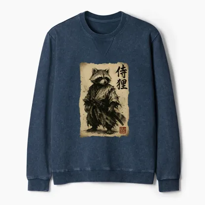 Tokyo-Tiger Retro Raccoon Samurai Washed Terry Sweatshirt