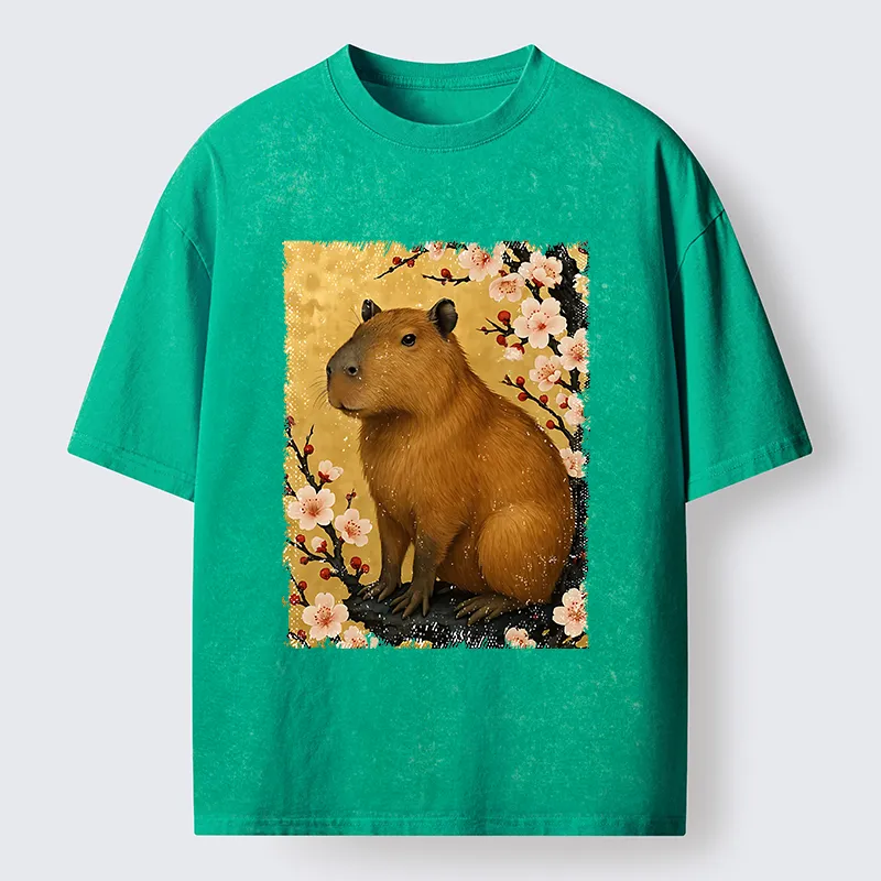 Tokyo-Tiger Capybara And Sakura Washed T-Shirt