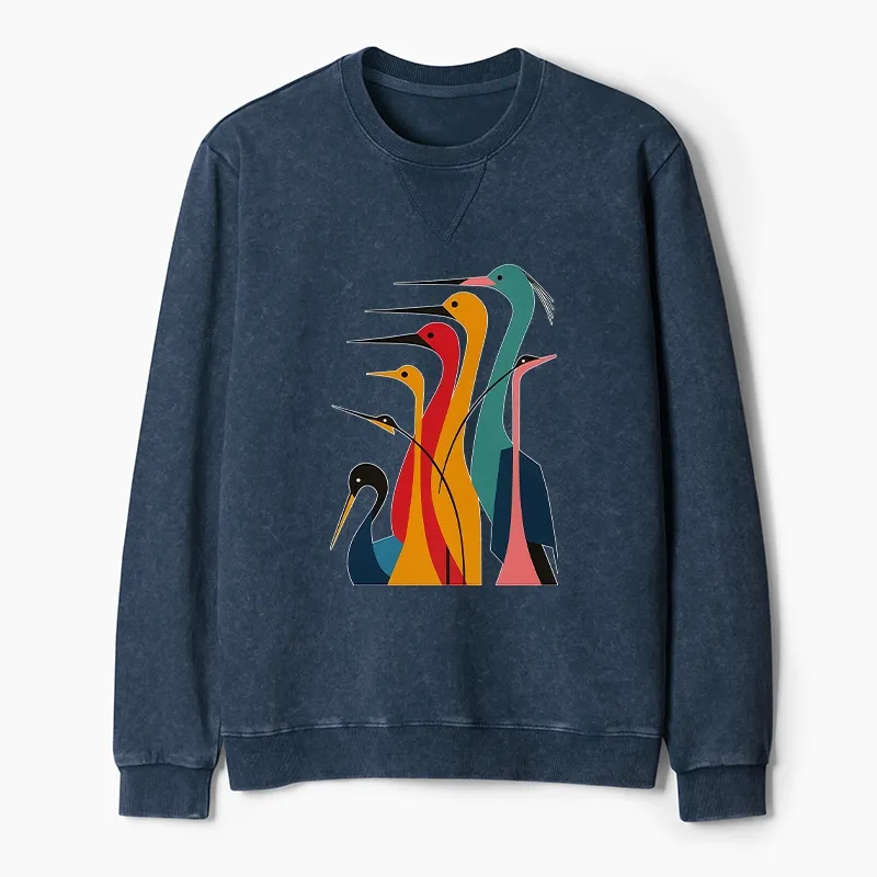 Tokyo-Tiger Various Types Of Cranes Washed Terry Sweatshirt