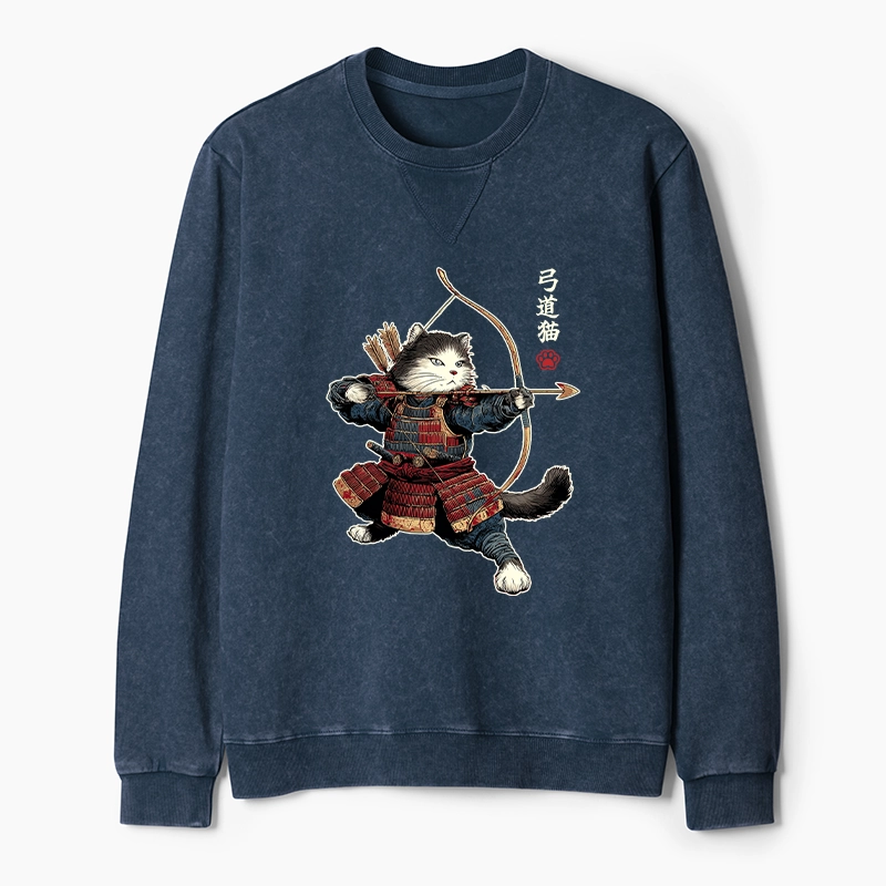Tokyo-Tiger Kyudo Samurai Cat Washed Terry Sweatshirt