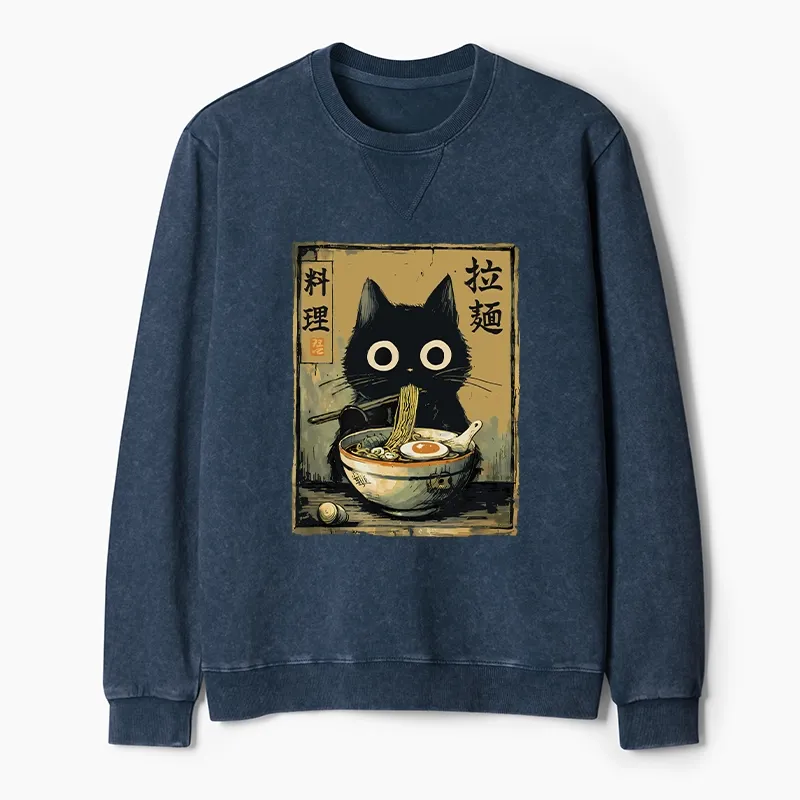Tokyo-Tiger Cute Black Cat Eating Ramen Japan Washed Terry Sweatshirt