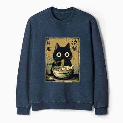 Tokyo-Tiger Cute Black Cat Eating Ramen Japan Washed Terry Sweatshirt