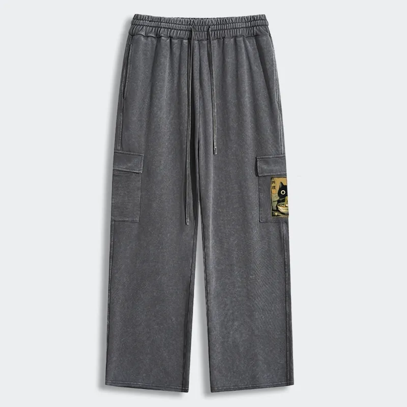 Tokyo-Tiger Cute Black Cat Eating Ramen Japan Washed Utility Sweatpants