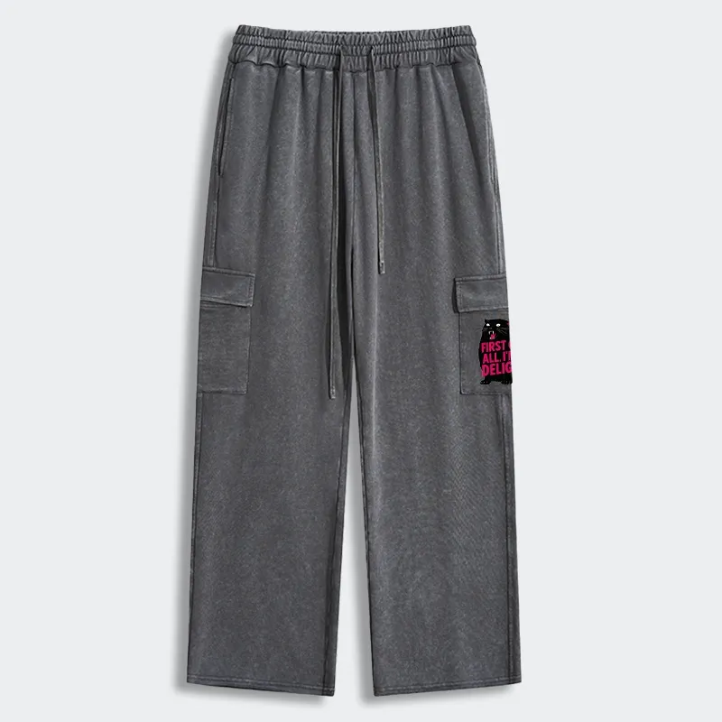 Tokyo-Tiger Roaring Black Cat Washed Utility Sweatpants