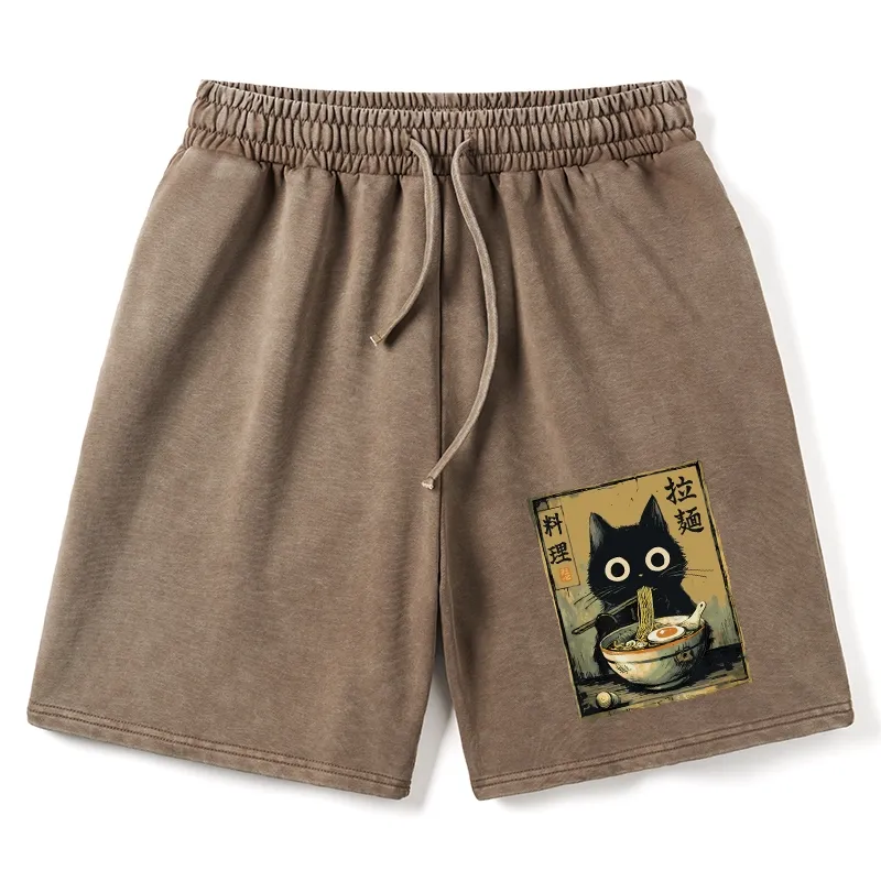 Tokyo-Tiger Cute Black Cat Eating Ramen Japan Washed Shorts