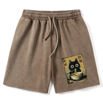Tokyo-Tiger Cute Black Cat Eating Ramen Japan Washed Shorts
