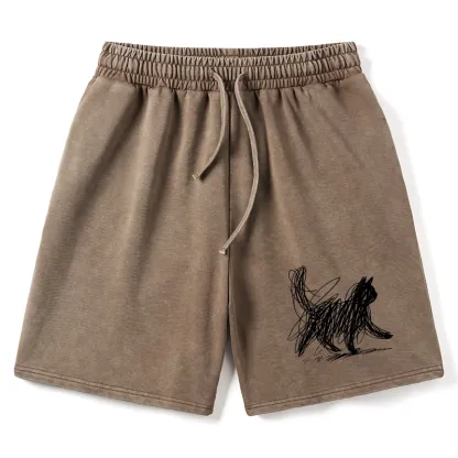 Tokyo-Tiger Minimalist Cat Art Washed Shorts