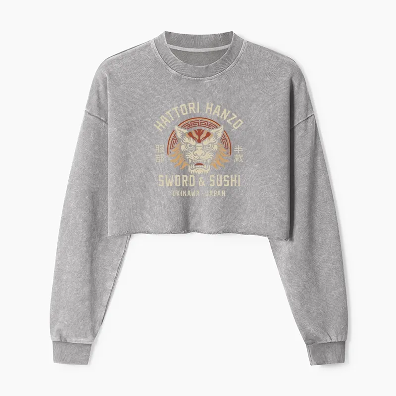 Tokyo-Tiger Hattori Lion Japanese Samurai Washed Crop Sweatshirt