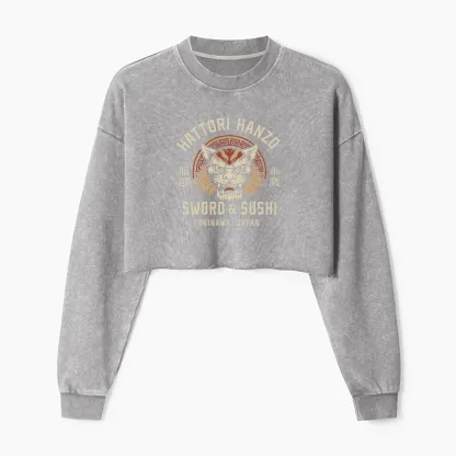 Tokyo-Tiger Hattori Lion Japanese Samurai Washed Crop Sweatshirt