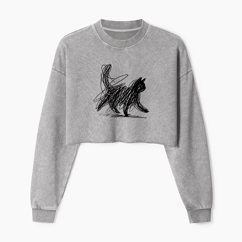 Tokyo-Tiger Minimalist Cat Art Washed Crop Sweatshirt