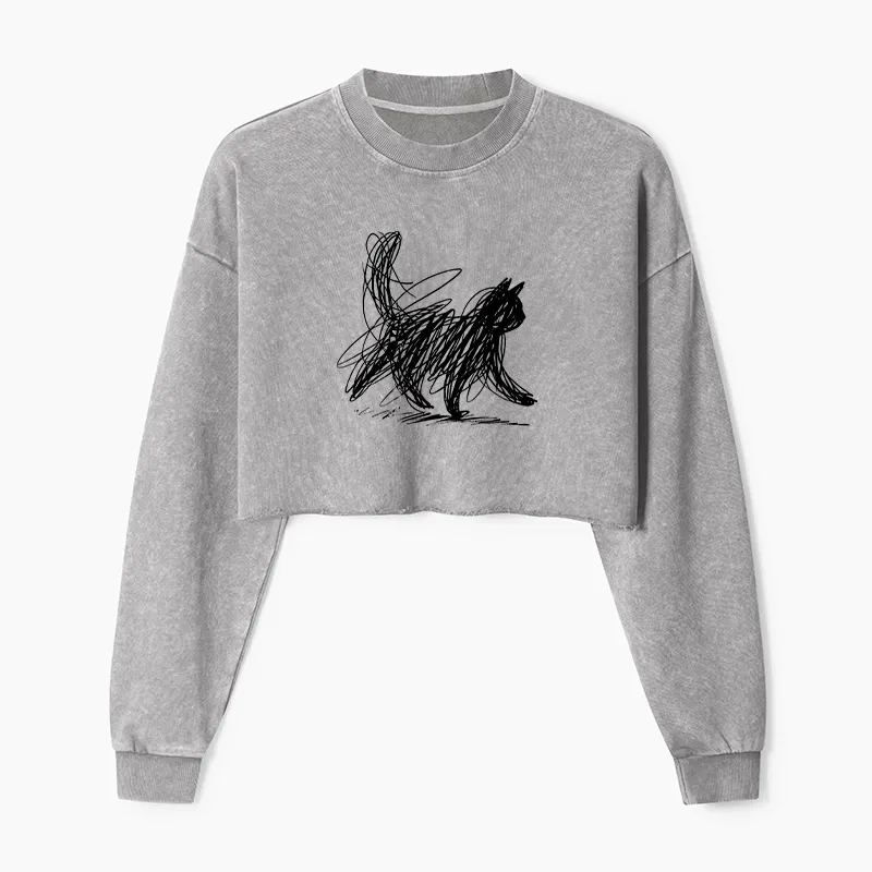 Tokyo-Tiger Minimalist Cat Art Washed Crop Sweatshirt