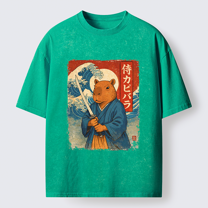 Tokyo-Tiger Capybara Japanese Samurai And Wave Washed T-Shirt