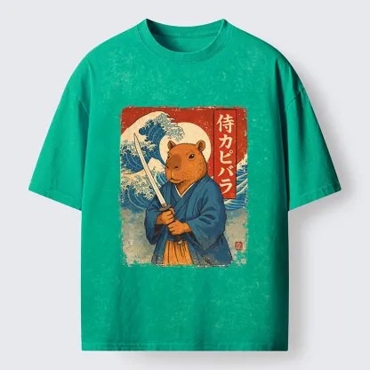 Tokyo-Tiger Capybara Japanese Samurai And Wave Washed T-Shirt