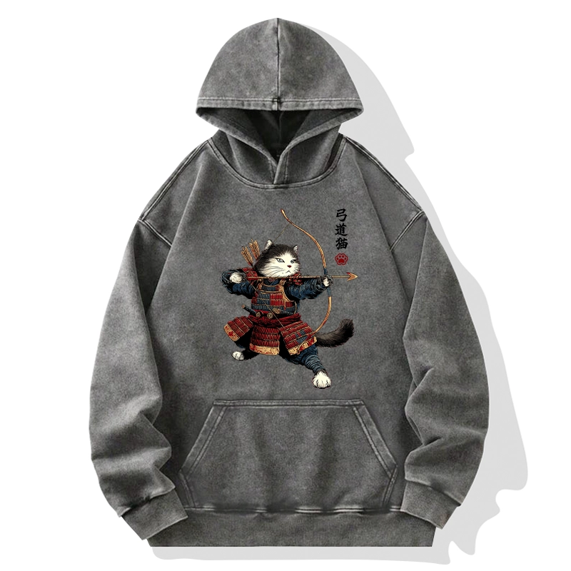 Tokyo-Tiger Kyudo Samurai Cat Washed Hoodie