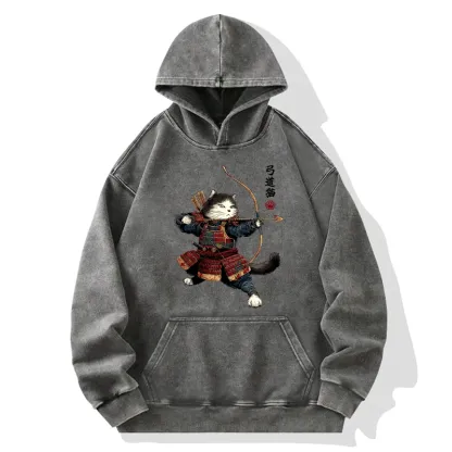Tokyo-Tiger Kyudo Samurai Cat Washed Hoodie