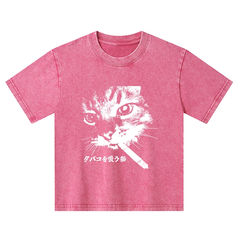 Tokyo-Tiger Retro Cat Smoking Kids Washed T-Shirt