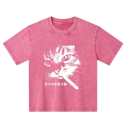 Tokyo-Tiger Retro Cat Smoking Kids Washed T-Shirt