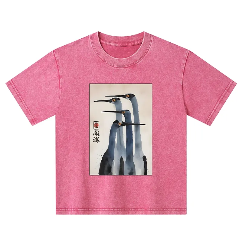 Tokyo-Tiger Retro Sandhill Crane Kids Washed T-Shirt