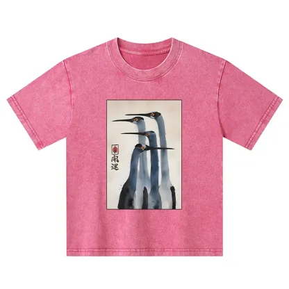 Tokyo-Tiger Retro Sandhill Crane Kids Washed T-Shirt