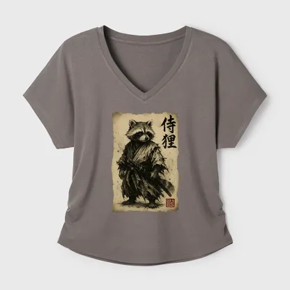 Tokyo-Tiger Retro Raccoon Samurai Modal Dolman Sleeve T-Shirt