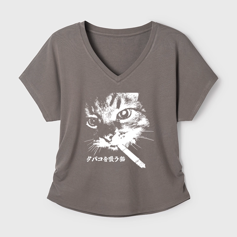 Tokyo-Tiger Retro Cat Smoking Modal Dolman Sleeve T-Shirt