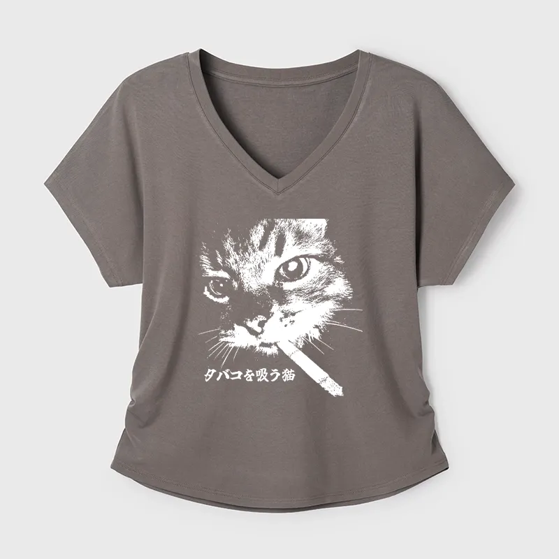 Tokyo-Tiger Retro Cat Smoking Modal Dolman Sleeve T-Shirt