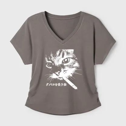 Tokyo-Tiger Retro Cat Smoking Modal Dolman Sleeve T-Shirt