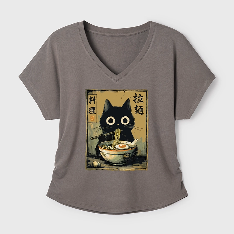 Tokyo-Tiger Cute Black Cat Eating Ramen Japan Modal Dolman Sleeve T-Shirt